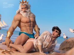 Rule 34 | 2boys, abs, appas, ass, bara, beach, beard, blue male swimwear, blush, bulge, collared shirt, day, eric (disney), facial hair, highres, holding another&#039;s leg, imminent anal, imminent penetration, jockstrap, king triton (disney), large pectorals, long hair, male focus, male swimwear, male underwear, male underwear pull, mature male, multiple boys, muscular, muscular male, navel, nipples, open mouth, outdoors, pectorals, polearm, sand, see-through, shirt, short hair, sky, smile, the little mermaid, thick thighs, thighs, trident, underwear, weapon, wet, wet clothes, wet shirt, white hair, white male underwear, white shirt, yaoi