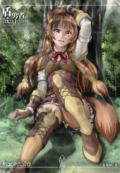 Rule 34 | 1girl, against tree, animal ears, arm up, armor, boots, breastplate, brown gloves, brown hair, character name, copyright name, day, english text, engrish text, female focus, gloves, hair tubes, highres, japanese text, leaning back, leather armor, long hair, looking at viewer, miniskirt, neck ribbon, outdoors, raccoon ears, raccoon girl, raccoon tail, ranguage, raphtalia, red ribbon, ribbon, shirosai nekocha, shoulder armor, sitting, skirt, solo, sunlight, tail, tate no yuusha no nariagari, thigh boots, thighhighs, tree, very long hair, zettai ryouiki