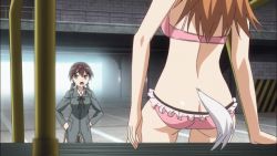 Rule 34 | 2girls, animated, animated gif, ass, bra, brown hair, butt crack, charlotte e. yeager, female focus, gertrud barkhorn, jiggle, long hair, multiple girls, panties, pink bra, pink panties, strike witches, underwear, world witches series