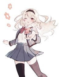 Rule 34 | 1girl, black hairband, black thighhighs, blonde hair, blush, bow, bowtie, breast pocket, collared shirt, commentary request, cowboy shot, floating hair, flower (symbol), grey jacket, grey skirt, hair between eyes, hairband, hands up, highres, jacket, long hair, long sleeves, looking at viewer, miniskirt, one eye closed, open clothes, open hand, open jacket, open mouth, pink eyes, pleated skirt, pocket, reaching, reaching towards viewer, red bow, red bowtie, saijou claudine, school uniform, seishou music academy uniform, shirt, shirt tucked in, shoujo kageki revue starlight, sidelocks, simple background, skirt, smile, solo, standing, thighhighs, wato (ko), wavy hair, white background, white shirt, zettai ryouiki
