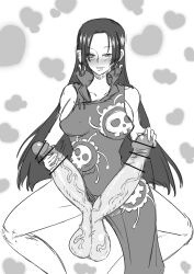 Rule 34 | 1futa, artist request, bar censor, bare arms, bare legs, bare shoulders, black hair, boa hancock, breasts, censored, clothing aside, collared dress, dress, earrings, extra penises, facing viewer, feet out of frame, futanari, greyscale, half-closed eyes, hand on own hip, hand on penis, hand up, heart, highres, huge penis, huge testicles, jewelry, large breasts, large penis, legs apart, long hair, looking at viewer, monochrome, nose, one piece, parted lips, pelvic curtain, pelvic curtain aside, penis, penis grab, raised eyebrow, sideboob, simple background, sketch, skull print, sleeveless, sleeveless dress, snake earrings, solo, spread legs, standing, testicles, tsurime, v-mature female, white background