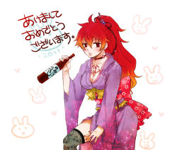 Rule 34 | alcohol, ao no exorcist, bottle, breasts, rabbit, cleavage, drinking, hair tie, highres, japanese clothes, kimono, kirigakure shura, multicolored hair, red eyes, red hair, tagme, tattoo, thighhighs