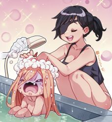 Rule 34 | 2girls, bath, bathing, bathroom, bathtub, black hair, blonde hair, bubble, chainsaw man, closed eyes, commentary request, crying, demon girl, demon horns, eyepatch, fang, ghost devil (chainsaw man), highres, himeno (chainsaw man), holding, holding shower head, horns, lianbiglian, long hair, multiple girls, open mouth, panties, partially submerged, power (chainsaw man), red horns, short ponytail, shower head, signature, smile, soap bubbles, sparkle, squatting, tank top, underwear, unhappy, washing, washing another, washing hair, water