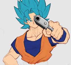 Rule 34 | 1boy, aeyga, aiming, aiming at viewer, automatic giraffe, blue eyes, blue hair, clenched hand, collaboration, collarbone, commentary, dragon ball, dragon ball super, english commentary, grey background, gun, handgun, head tilt, highres, holding, holding gun, holding weapon, looking at viewer, male focus, meme, muscular, muscular male, pectorals, pistol, smirk, solo, son goku, spiked hair, super saiyan, super saiyan blue, v-shaped eyebrows, weapon