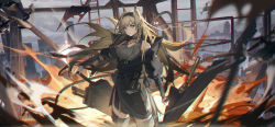 Rule 34 | 1girl, animal ear fluff, animal ears, arknights, bare shoulders, black bag, black collar, black jacket, black thighhighs, blonde hair, blue eyes, collar, construction site, cowboy shot, earpiece, extra ears, fire, grey shirt, hair ornament, hairclip, highres, horn (arknights), jacket, looking at viewer, nagito, open clothes, open jacket, originium arts (arknights), outdoors, shield, shirt, sleeveless, sleeveless shirt, solo, thighhighs, wolf ears