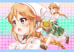 Rule 34 | 1girl, :o, argyle, argyle background, argyle clothes, basket, blush, braid, brown eyes, brown footwear, choker, commentary request, flower, frilled choker, frilled skirt, frills, green choker, green skirt, hair between eyes, head scarf, highres, holding, holding basket, idolmaster, idolmaster cinderella girls, idolmaster cinderella girls u149, long hair, looking away, open mouth, orange hair, puffy short sleeves, puffy sleeves, red flower, red rose, regular mow, ribbon-trimmed shirt, rose, running, shirt, shoes, short sleeves, signature, single braid, skirt, solo, twitter username, very long hair, white shirt, wrist cuffs, yellow flower, yuuki haru, zoom layer