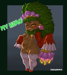 Rule 34 | 1girl, absurdres, artist name, bikini, blue background, blush, border, breasts, deku princess, detached sleeves, doughchanga, earrings, fat, full body, gradient background, hair ornament, half-closed eyes, highres, jewelry, long hair, long sleeves, looking at viewer, navel, nintendo, plant hair, red footwear, shortstack, sleeves past wrists, slingshot swimsuit, small breasts, solo, standing, swimsuit, the legend of zelda, the legend of zelda: majora&#039;s mask, thighhighs, white thighhighs, yellow bikini, yellow eyes