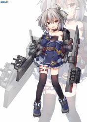 Rule 34 | 1girl, black thighhighs, blue skirt, blush, choker, collarbone, full body, grey hair, hair ornament, hairclip, long sleeves, looking at viewer, murasame (warship girls r), parted lips, red eyes, shenbei xiaoqiu, short hair, short twintails, skirt, smile, solo, thighhighs, twintails, warship girls r