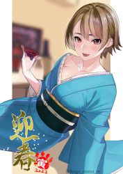 Rule 34 | 1girl, 2022, absurdres, alcohol, blonde hair, blue kimono, blush, brown eyes, ear piercing, earrings, highres, holding, japanese clothes, jewelry, kagematsuri, kimono, looking at viewer, open mouth, original, parted lips, piercing, sake, short hair, solo, tongue piercing, twitter username