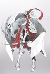 Rule 34 | 1girl, animal, armor, arrow (projectile), bird, bow (weapon), breasts, cape, closed mouth, colored skin, commentary, english commentary, feathers, full body, gauntlets, gradient background, grey background, hat feather, highres, holding, holding bow (weapon), holding weapon, medium breasts, multicolored eyes, non-humanoid robot, original, owl, pigeon-toed, red cape, red feathers, red skin, ringed eyes, robot, robot animal, simple background, solo, standing, toriseka, two-sided cape, two-sided fabric, weapon, white armor, white cape, white eyes, white footwear, yellow eyes