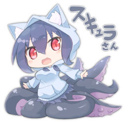 1girl :d animal_ear_hood aqua_hoodie black_hair black_skin blush_stickers borrowed_character breasts chibi colored_skin commentary_request fake_animal_ears full_body hood hood_up looking_at_viewer medium_breasts monster_girl murabatodenki no_pants on_ground open_mouth original purple_skin red_eyes scylla simple_background sitting slit_pupils smile solo suction_cups wariza white_background