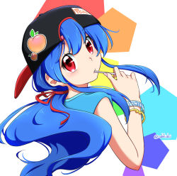 Rule 34 | 1girl, backwards hat, blue hair, bracelet, casual, contemporary, from behind, hat, highres, hinanawi tenshi, jewelry, looking back, low ponytail, rakkidei, red eyes, sidelocks, solo, touhou, twitter username, upper body, wristband