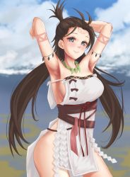 Rule 34 | 1girl, armpits, arms up, bare shoulders, blue sky, body markings, breasts, brown hair, closed mouth, day, dress, facial mark, fate/grand order, fate (series), forehead, forehead mark, grey eyes, highres, himiko (fate), large breasts, long hair, looking at viewer, magatama, magatama necklace, masaki (sibamasa), necklace, no bra, no panties, sash, side slit, sideboob, sky, smile, thighs, topknot, twintails, white dress