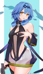 Rule 34 | 1girl, :o, azur lane, bare shoulders, black one-piece swimsuit, black thighhighs, blue background, blue hair, blue sleeves, breasts, commentary, cowboy shot, curly hair, detached sleeves, eyebrows hidden by hair, gun, hair between eyes, hair intakes, hair ornament, hairband, hand up, highres, holding, holding gun, holding weapon, looking at viewer, marshall k, medium hair, nautilus (azur lane), navel, one-piece swimsuit, sidelocks, small breasts, solo, standing, swimsuit, thighhighs, weapon, white background, yellow eyes, zipper, zipper pull tab
