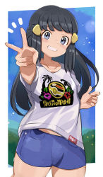 Rule 34 | 1girl, akari (pokemon), alternate costume, black hair, clenched hands, clenched teeth, collarbone, creatures (company), day, denim, denim shorts, eyelashes, female focus, fingernails, flat chest, game freak, gen 8 pokemon, grey eyes, hair ornament, hairclip, hands up, happy, highres, legs, light blush, long hair, looking at viewer, nature, neck, nintendo, official alternate costume, outdoors, outstretched arm, pants, pokemon, pokemon legends: arceus, print shirt, shiny clothes, shiny skin, shirt, short shorts, short sleeves, shorts, sidelocks, skin tight, sky, smile, standing, t-shirt, teeth, thighs, tight clothes, tight pants, umiru, v, white shirt