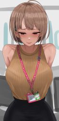 Rule 34 | 1girl, absurdres, arms behind back, breasts, brown eyes, brown hair, hair ornament, hairclip, harusaki nodoka, highres, hololive, id card, large breasts, lips, looking down, office lady, ribbed sweater, short hair, skirt, sleeveless, sleeveless sweater, solo, sweater, tomj, virtual youtuber