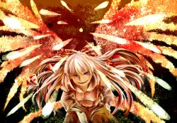 Rule 34 | 1girl, bad id, bad pixiv id, female focus, fiery wings, fire, floating hair, fujiwara no mokou, hair ribbon, hands in pockets, hira-yama, long hair, looking at viewer, open mouth, red eyes, ribbon, silver hair, smile, solo, suspenders, touhou, tress ribbon, wings