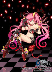 Rule 34 | 1girl, antenna hair, armpits, bad id, bad pixiv id, bare shoulders, bikini, bikini top only, boots, breasts, checkered floor, covering privates, covering breasts, demon tail, floor, gears, glasses, gloves, hair ornament, knee pads, large breasts, long hair, mechanical wings, pink hair, ratio (ratio-d), red eyes, short shorts, shorts, solo, swimsuit, tail, twintails, unleashed, very long hair, wings