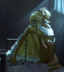 Rule 34 | 1boy, aku no meshitsukai (vocaloid), allen avadonia, barred window, bars, blonde hair, blue eyes, blue gemstone, bow, captured, chain, chained, choker, cosplay, costume switch, crossdressing, cuffs, dim lighting, dress, earrings, evillious nendaiki, fetal position, frilled dress, frills, gem, hair bow, hair ornament, hairclip, high ponytail, highres, hugging own legs, impersonation, jewelry, kagamine len, ktori, light particles, light rays, looking down, off-shoulder dress, off shoulder, orange bow, orange ribbon, petticoat, prison, restrained, ribbon, riliane lucifen d&#039;autriche, riliane lucifen d&#039;autriche (cosplay), shackles, solo, stone wall, updo, vocaloid, wall, yellow bow, yellow choker, yellow dress