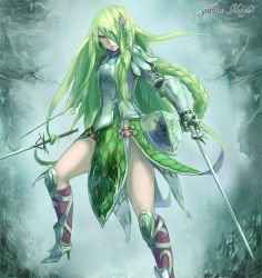 Rule 34 | 1girl, armor, braid, dual wielding, green hair, hair over one eye, holding, iwaya, long hair, original, solo, sword, weapon