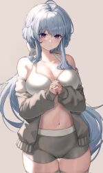 Rule 34 | 1girl, ahoge, armpit crease, back bow, bike shorts, blue hair, blush, bow, bra, bra strap, breasts, cleavage, cleft of venus, feet out of frame, ganyu (genshin impact), genshin impact, grey jacket, grey shorts, hair between eyes, hair bow, highres, jacket, large breasts, light blue hair, light smile, midriff, navel, no horns, open clothes, open jacket, own hands together, purple eyes, qilin (mythology), shorts, simple background, stomach, thick thighs, thighs, ueng, underwear, white bra