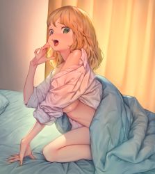 Rule 34 | 1girl, bed sheet, bedroom, blanket, blonde hair, blush, breasts, character request, commentary, curtains, finger to face, green eyes, looking at viewer, medium breasts, mifu (b24vc1), open clothes, open mouth, open shirt, original, pillow, shirt, short hair, solo, white shirt