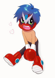 Rule 34 | 1boy, blue hair, blush, boots, commentary, english commentary, gloves, green eyes, heart, homestar runner, klingklangyaoi, light blue hair, light blush, looking at viewer, open mouth, red footwear, red gloves, short hair, simple background, sitting, solo, stinkoman, white background