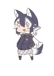 Rule 34 | 1girl, absurdres, akuma (st.takuma), alternate costume, alternate hairstyle, animal ear fluff, animal ears, black footwear, black hair, black jacket, chibi, commentary, extra ears, full body, fur collar, grey skirt, grey wolf (kemono friends), hair between eyes, hair ornament, hairclip, highres, jacket, kemono friends, long hair, long sleeves, multicolored hair, o o, open mouth, plaid, plaid skirt, ponytail, shoes, sidelocks, simple background, skirt, smile, solo, standing, tail, triangle mouth, two-tone hair, white background, white hair, wolf ears, wolf tail
