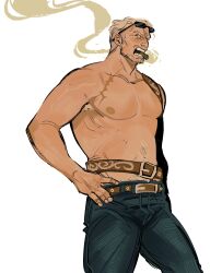 Rule 34 | 1boy, abs, armpit hair, armpit hair peek, bara, cigar, denim, dentdechieng, feet out of frame, from below, frown, highres, jeans, large pectorals, male focus, mature male, muscular, muscular male, nipples, one piece, pants, pectorals, scar, short hair, sideburns, sideways glance, smoker (one piece), smoking, solo, sparse stubble, standing, topless male, white hair