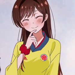 Rule 34 | 1girl, adidas, blue background, blush, brown hair, closed eyes, collared shirt, dot nose, head tilt, kanojo okarishimasu, long sleeves, mizuhara chizuru, patterned background, shirt, sidelocks, simple background, smile, soccer jersey, solo, swept bangs, tagme, yellow shirt