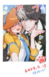 Rule 34 | 1boy, 1girl, :d, ace attorney, athena cykes, bags under eyes, black hair, black jacket, black necktie, blue background, blue eyes, blue hairband, blue necktie, blush, brown eyes, collared shirt, dated, earrings, expressionless, film grain, flower sticker, hairband, hashtag-only commentary, heart stickers, highres, jacket, jewelry, long hair, multicolored hair, necktie, one eye closed, open clothes, open jacket, open mouth, orange hair, phoenix wright: ace attorney - dual destinies, ponytail, purikura, salted whale, selfie, shirt, sidelocks, simon blackquill, single earring, sleeves rolled up, smile, sticker, sweatdrop, two-tone hair, white background, white hair, white shirt, yellow jacket
