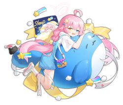 Rule 34 | 1girl, ahoge, ankle socks, bag, blue archive, blue eyes, blue overalls, fang, game cg, hair ornament, halo, heterochromia, hood, hoodie, hoshino (blue archive), long hair, looking at viewer, lying, official art, on stomach, open mouth, orange eyes, overalls, pink hair, pink halo, ribbon, short sleeves, shoulder bag, socks, solo, star (symbol), star hair ornament, transparent background, very long hair, white footwear, white hoodie, white socks