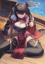 Rule 34 | 1girl, absurdres, adjusting hair, arm up, beidou (genshin impact), black hair, black thighhighs, breasts, chinese clothes, cleavage, coin, commentary, cup, earrings, eyepatch, fingerless gloves, fur trim, genshin impact, gloves, gold coin, gold trim, grin, hair ornament, highres, holding, holding cup, jewelry, large breasts, long hair, pelvic curtain, red eyes, ship, sitting, smile, solo, takinashi (friend coffee), tassel, tassel earrings, thighhighs, thighs, treasure chest, vision (genshin impact), water, watercraft