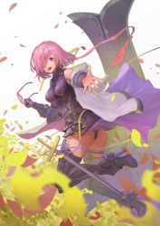 Rule 34 | 1girl, armor, armored boots, armored dress, ass, boots, breasts, dress, unworn eyewear, falling leaves, fate/grand order, fate (series), hair over one eye, high heel boots, high heels, holding, holding removed eyewear, jacket, kawahara ryuuta, leaf, looking at viewer, mash kyrielight, medium breasts, off shoulder, open mouth, outstretched arm, pink-tinted eyewear, pink hair, purple eyes, red-framed eyewear, shield, short hair, simple background, sleeveless, sleeveless dress, smile, solo, sword, tinted eyewear, weapon, white background, white jacket