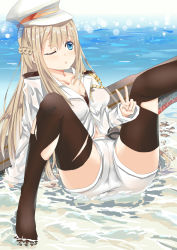 Rule 34 | 1girl, arm support, black thighhighs, blonde hair, blue eyes, blush, breasts, cleavage, epaulettes, gatari, hair ornament, half updo, hat, highres, lexington (warship girls r), long hair, navel, one eye closed, partially submerged, partially unbuttoned, short shorts, shorts, solo, spread legs, thighhighs, thighs, torn clothes, torn thighhighs, v, warship girls r, water