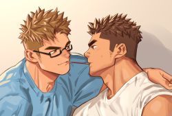 Rule 34 | 2boys, bara, blush, brown hair, eye contact, food, glasses, imminent kiss, looking at another, male focus, multiple boys, muscular, original, pocky, pocky day, short hair, simple background, sleeve rolled up, smile, undressing another, upper body, yaoi, youchi123