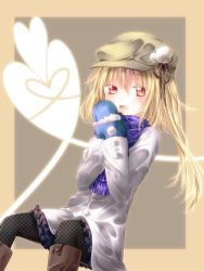 Rule 34 | 1girl, absurdres, alternate costume, bad id, bad pixiv id, black pantyhose, blonde hair, casual, contemporary, fang, female focus, flandre scarlet, hat, heart, highres, mittens, no wings, pantyhose, polka dot, polka dot legwear, red eyes, riichu, scarf, side ponytail, solo, touhou
