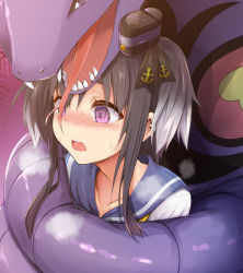 Rule 34 | 1girl, anchor symbol, arbok, black hair, blue sailor collar, blush, bound, commission, constriction, creatures (company), crossover, fangs, forked tongue, game freak, gen 1 pokemon, gradient hair, grey hair, kantai collection, multicolored hair, nintendo, open mouth, pokemon, purple eyes, sailor collar, sen (astronomy), simple background, skeb commission, snake, sweat, tokitsukaze (kancolle), tongue