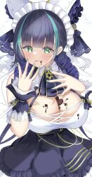 1girl absurdres animal_ears apron azur_lane bare_shoulders blue_hair breasts candy cheshire_(azur_lane) chocolate chocolate_heart chocolate_on_body chocolate_on_breasts chocolate_on_face cleavage commentary_request detached_sleeves fake_animal_ears food food_on_body food_on_face frilled_hairband frills green_eyes hairband heart heart-shaped_food highres kisahipi large_breasts long_ribbon looking_at_viewer maid_headdress multicolored_hair nail_polish puffy_detached_sleeves puffy_short_sleeves puffy_sleeves purple_apron purple_hair short_hair short_sleeves simple_background solo streaked_hair tongue tongue_out two-tone_hair upper_body white_background wrist_cuffs