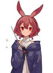 Rule 34 | 1girl, animal ears, black robe, brown hair, center frills, closed mouth, eyebrows hidden by hair, frills, hair between eyes, hand up, highres, holding, holding wand, hood, hood down, hooded robe, long sleeves, original, puffy long sleeves, puffy sleeves, rabbit ears, red eyes, robe, shirt, short hair, simple background, sleeveless, sleeveless shirt, sleeves past wrists, solo, star (symbol), tori (10ri), wand, white background, white shirt
