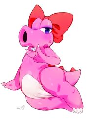 Rule 34 | 1girl, arm support, artist name, bebebe, birdo, blush, bow, claws, cleft of venus, diamond (gemstone), female focus, full body, furry, furry female, half-closed eye, hand up, jewelry, legs together, looking at viewer, lying, mario (series), nintendo, on side, one eye closed, open mouth, pussy, red bow, ring, shiny skin, signature, simple background, solo, super mario bros. 1, tail, uncensored, white background, wink
