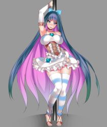 Rule 34 | 1girl, arm up, bare shoulders, blue eyes, colored inner hair, corset, grey background, hair ribbon, hevn, high heels, long hair, looking at viewer, multicolored hair, open mouth, panty &amp; stocking with garterbelt, pole, pole dancing, ribbon, simple background, stocking (psg), striped clothes, striped thighhighs, stripper pole, thighhighs, two-tone hair, very long hair