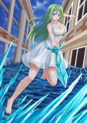 Rule 34 | 1girl, bare arms, bare shoulders, barefoot, blue eyes, blue sky, breasts, building, cleavage, cloud, cloudy sky, collarbone, commission, day, dress, green hair, hair between eyes, highres, holding, holding sword, holding weapon, kazenokaze, large breasts, long hair, looking at viewer, original, outdoors, sky, sleeveless, sleeveless dress, solo, standing, standing on one leg, sword, toenails, transparent, v-shaped eyebrows, very long hair, water, weapon, white dress, window