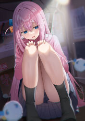 Rule 34 | 1girl, black socks, blue eyes, blurry, blurry foreground, bocchi the rock!, cube hair ornament, dark room, electric guitar, embarrassed, full body, furrowed brow, gibson les paul, gotoh hitori, grey skirt, guitar, hair between eyes, hair ornament, hair over shoulder, hands on own knees, highres, holding, holding instrument, indoors, instrument, jacket, knees up, light, light blush, light particles, long hair, long sleeves, looking down, open mouth, pink hair, pink jacket, piyopoyo, pleated skirt, poster (object), ringed eyes, sidelocks, skirt, socks, solo, squatting, thighs, track jacket