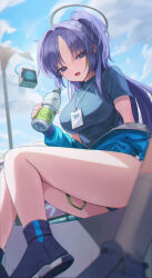 Rule 34 | 1girl, 1other, absurdres, black footwear, black halo, black jacket, blue archive, blue eyes, blue sky, bottle, breasts, cloud, commentary request, day, didi (didi h3), halo, highres, holding, holding bottle, jacket, lanyard, large breasts, legs, long hair, looking at viewer, open mouth, outdoors, plastic bottle, purple hair, shoes, short sleeves, sitting, sky, solo focus, star sticker, sticker on face, thighs, yuuka (blue archive), yuuka (track) (blue archive)