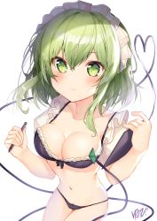 Rule 34 | 1girl, absurdres, artist name, bad anatomy, bad perspective, bad proportions, bikini, black bikini, blush, breasts, cleavage, collarbone, commentary request, cowboy shot, green eyes, green hair, hair between eyes, hands up, heart, heart of string, highres, holding, holding pen, komeiji koishi, looking at viewer, maid headdress, medium breasts, navel, nenobi (nenorium), pen, puffy short sleeves, puffy sleeves, short hair, short sleeves, sidelocks, signature, simple background, solo, stomach, swimsuit, thighs, touhou, translated, white background