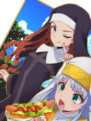 Rule 34 | 2girls, :q, agnese sanctis, black robe, border, braid, cornrows, eating, fingernails, flat chest, food, gold trim, green eyes, habit, hands up, highres, holding, holding food, hot dog, index (toaru majutsu no index), kakki (kackie), long hair, looking at object, multiple braids, multiple girls, nun, one eye closed, open mouth, pointing, red eyes, red hair, robe, scenery, standing, toaru majutsu no index, tongue, tongue out, traditional nun, upper body, white border, white hair, white robe