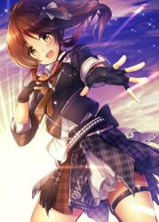 Rule 34 | 1girl, alternate costume, belt, black gloves, brown eyes, brown hair, cowboy shot, fingerless gloves, gloves, highres, idolmaster, idolmaster cinderella girls, idolmaster cinderella girls starlight stage, jacket, leather, leather jacket, light rays, long hair, loose necktie, ment, necktie, next frontier (idolmaster), open mouth, sky, sleeves rolled up, smile, star (sky), starry sky, studded belt, takamori aiko, thigh strap, twintails