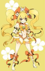 Rule 34 | 10s, 1girl, blonde hair, boots, bow, brooch, cure sunshine, eyelashes, hands on own hips, heart, heart brooch, heartcatch precure!, jewelry, knee boots, long hair, magical girl, midriff, myoudouin itsuki, navel, orange bow, orange skirt, potpourri (heartcatch precure!), precure, simple background, skirt, smile, twintails, very long hair, yellow background, yellow bow, yellow eyes, yellow theme
