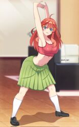 Rule 34 | 1girl, ahoge, arched back, asobi night, blue eyes, blush, breasts, cleavage, cowboy shot, flexible, go-toubun no hanayome, green skirt, hair ornament, highres, kneehighs, large breasts, leaning forward, looking at viewer, midriff, nakano itsuki, navel, open mouth, red sports bra, shoes, skindentation, skirt, socks, solo, sports bra, star (symbol), star hair ornament, thighs
